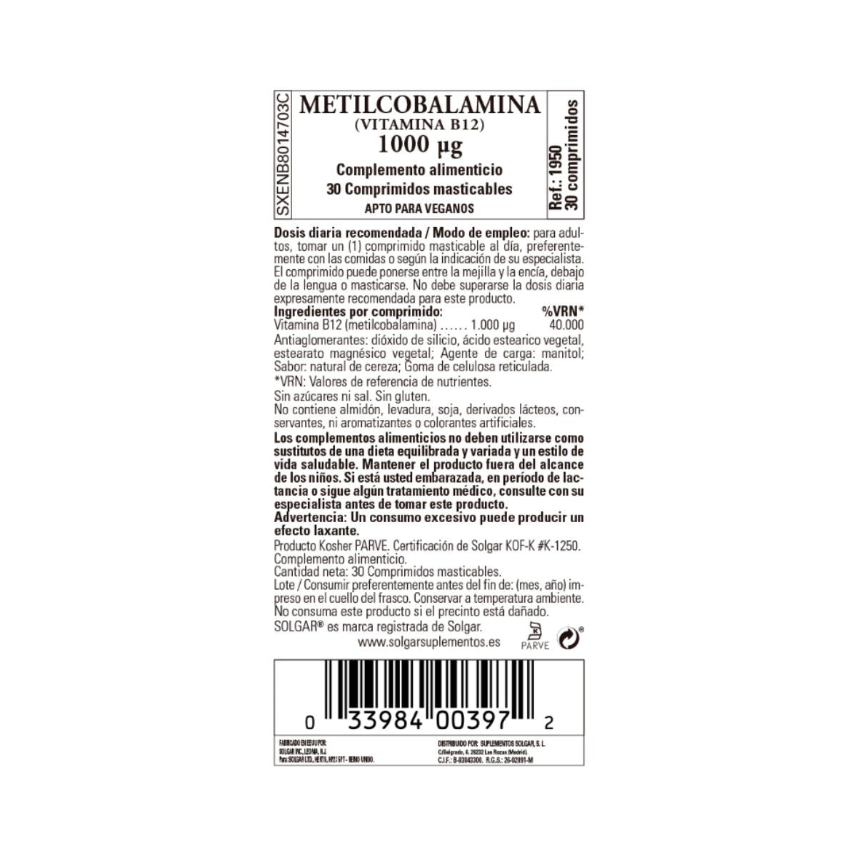 Vitamina B12 Metilcobalamina, 30 compresse sublinguali da 1000μg