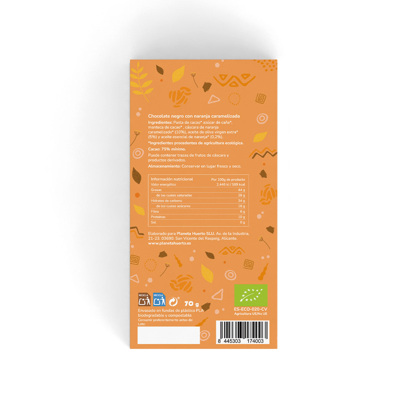 Tablette de chocolat noir 75% avec orange caramélisée ECO Planeta Huerto 70 g