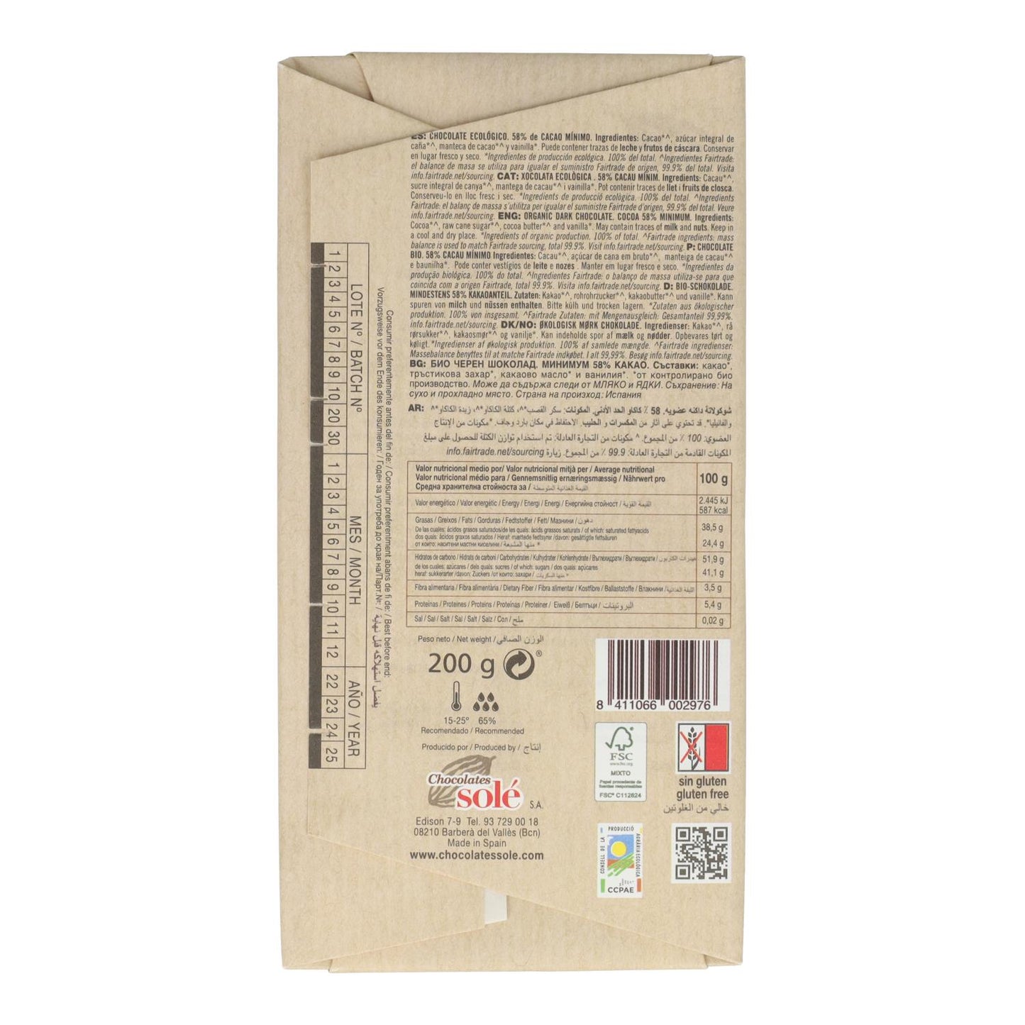 Cioccolato biologico per dolci Solé 200 g