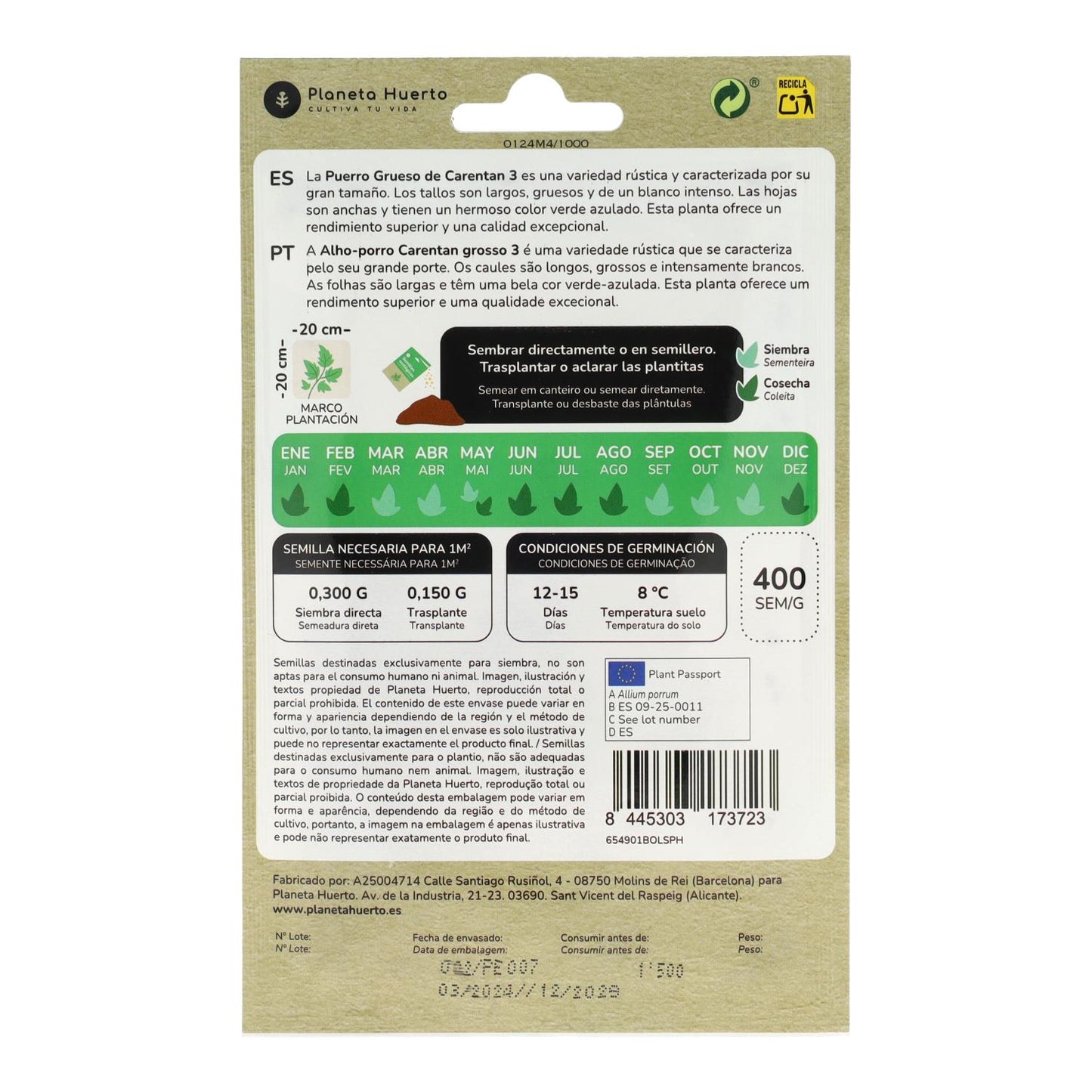 Organiczne nasiona grubego pora z Carentan Planeta Huerto