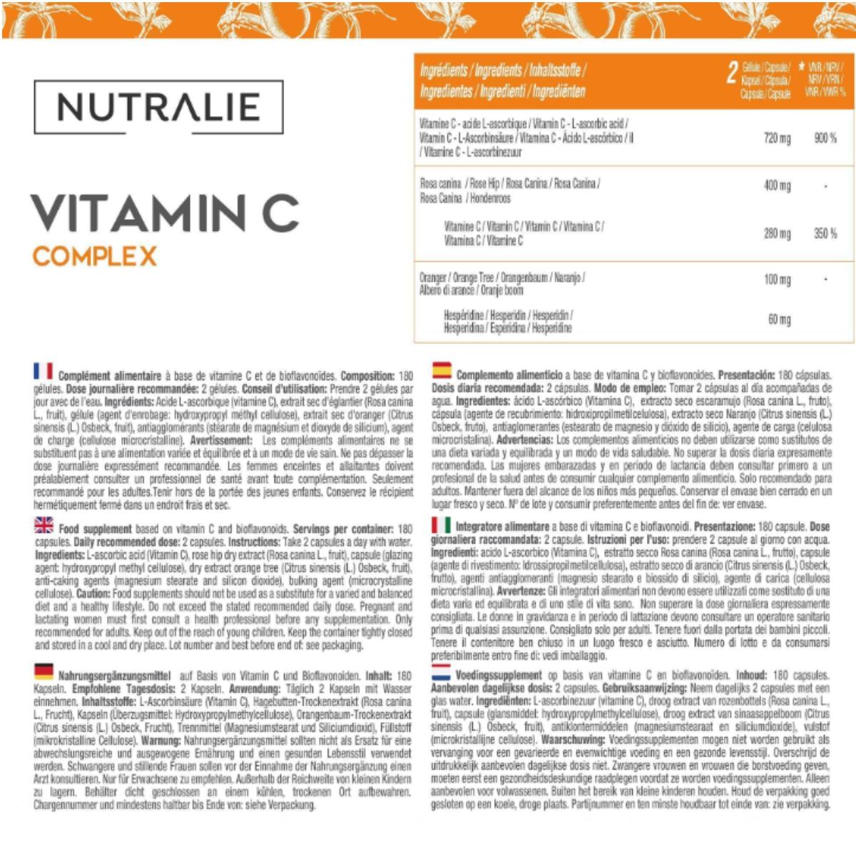 Nutralie Vitamine C 1000 mg Rose musquée + Vitamine C Antioxydant 180 gélules