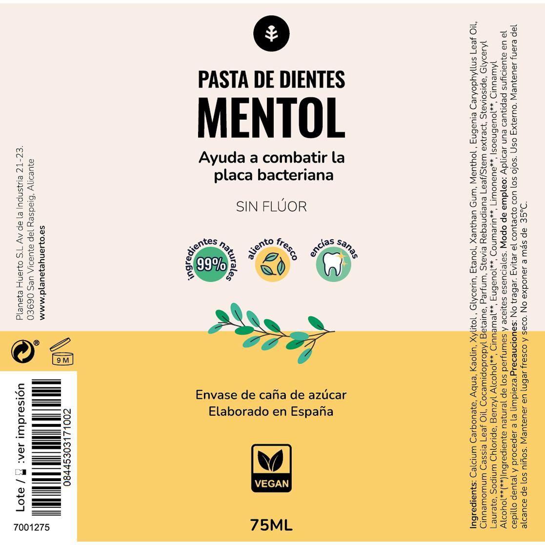 Tandpasta zonder fluoride Menthol Planeta Huerto 75 ml