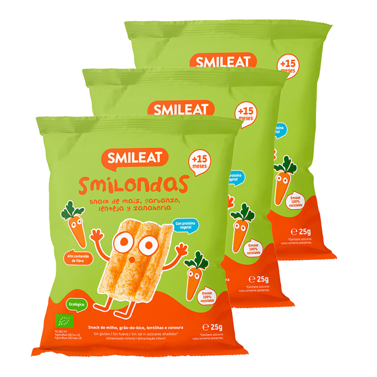 3-pack Smilondas Snack med majs, kikärter, linser och ekologisk morot, Smileat, 25 g