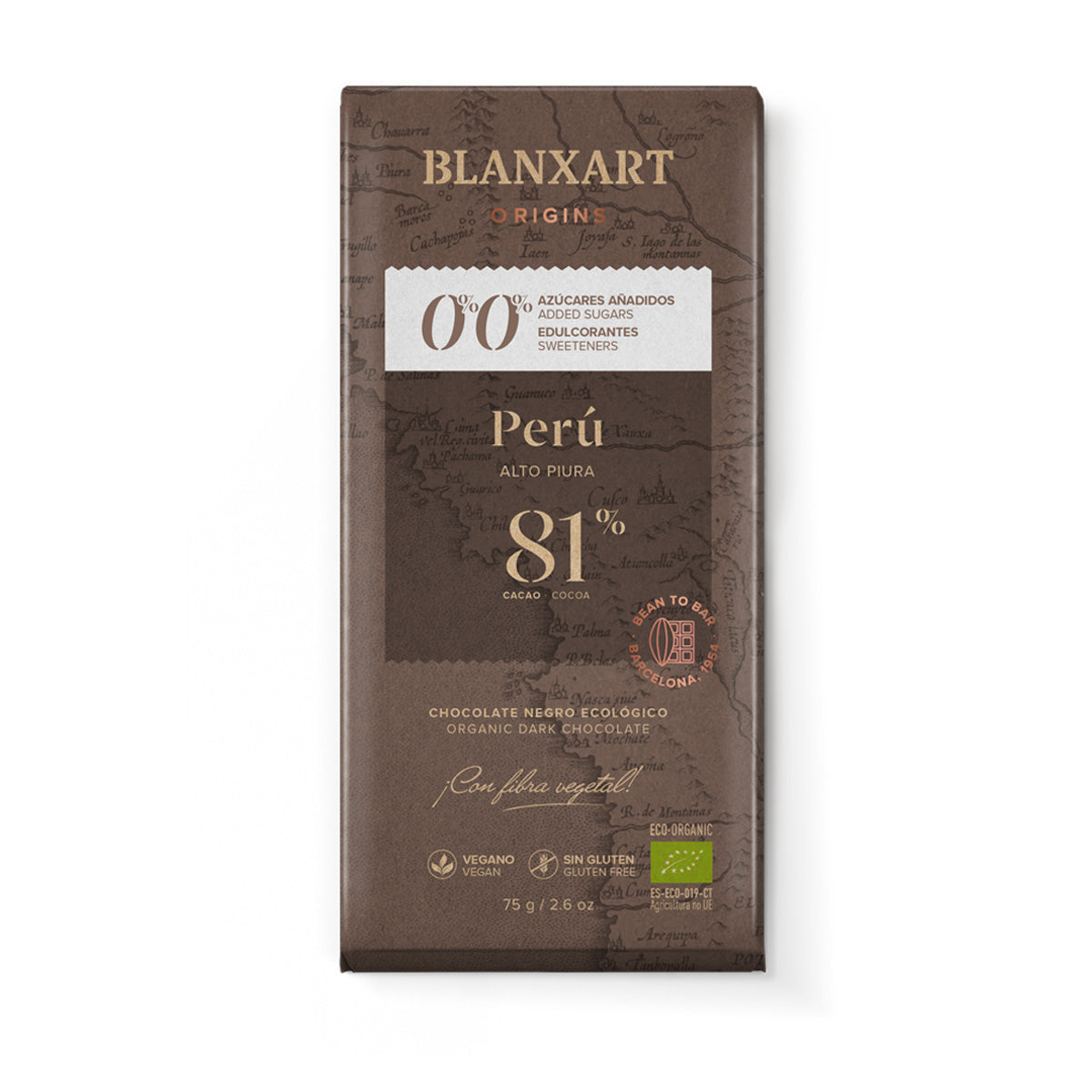 Chocolade Peru 81% zonder suiker en zonder zoetstof Eco Vegan Glutenvrij Blanxart 75 g
