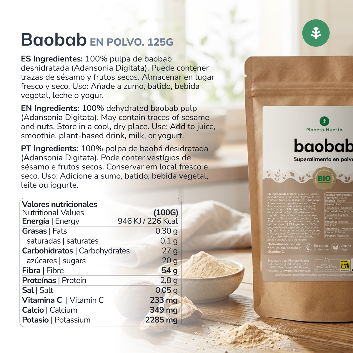 Baobabpulver Eco Planeta Huerto 125 g