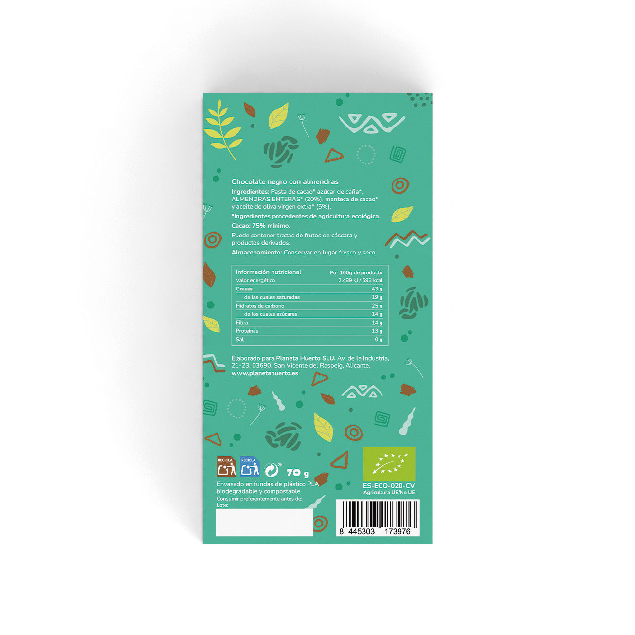 Baton z ciemnej czekolady 75% z migdałami ECO Planeta Huerto 70 g