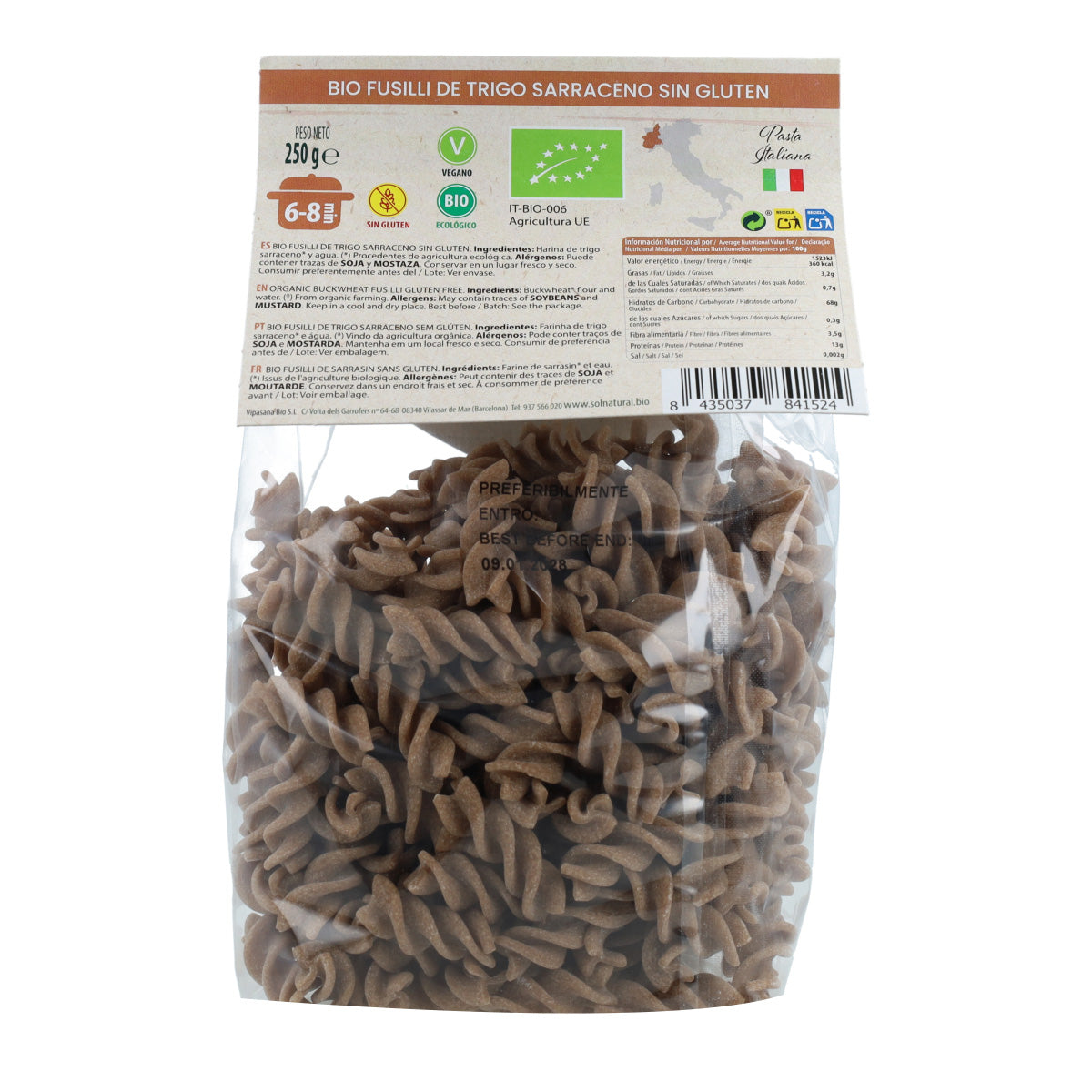 Glutenvrije biologische boekweitfusilli Sol Natural 250 g
