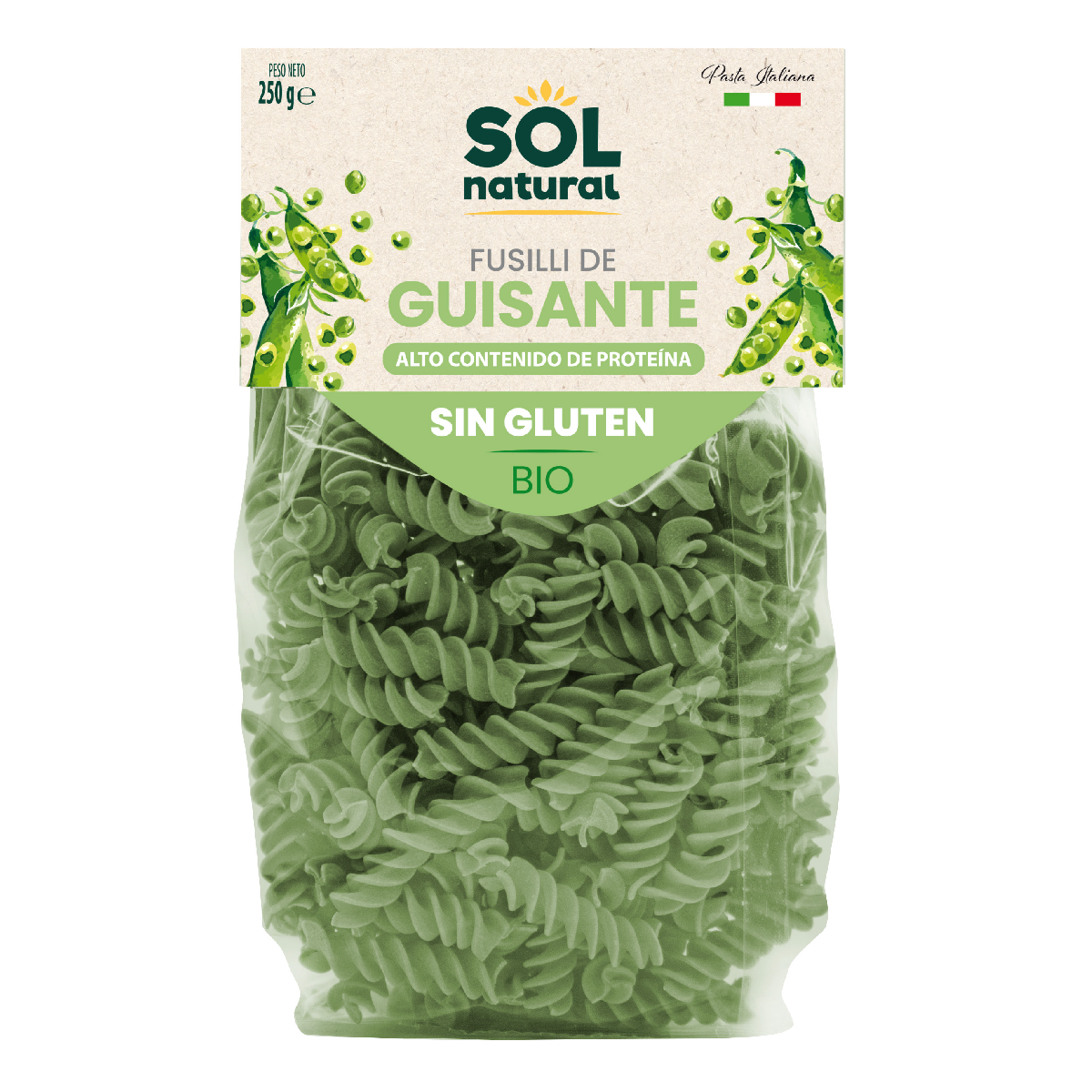 Glutenfreie Bio-Erbsenfusilli Sol Natural 250 g