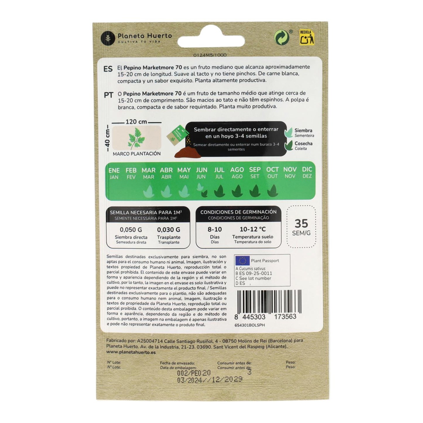 Organic Cucumber seeds marketmore Planeta Huerto