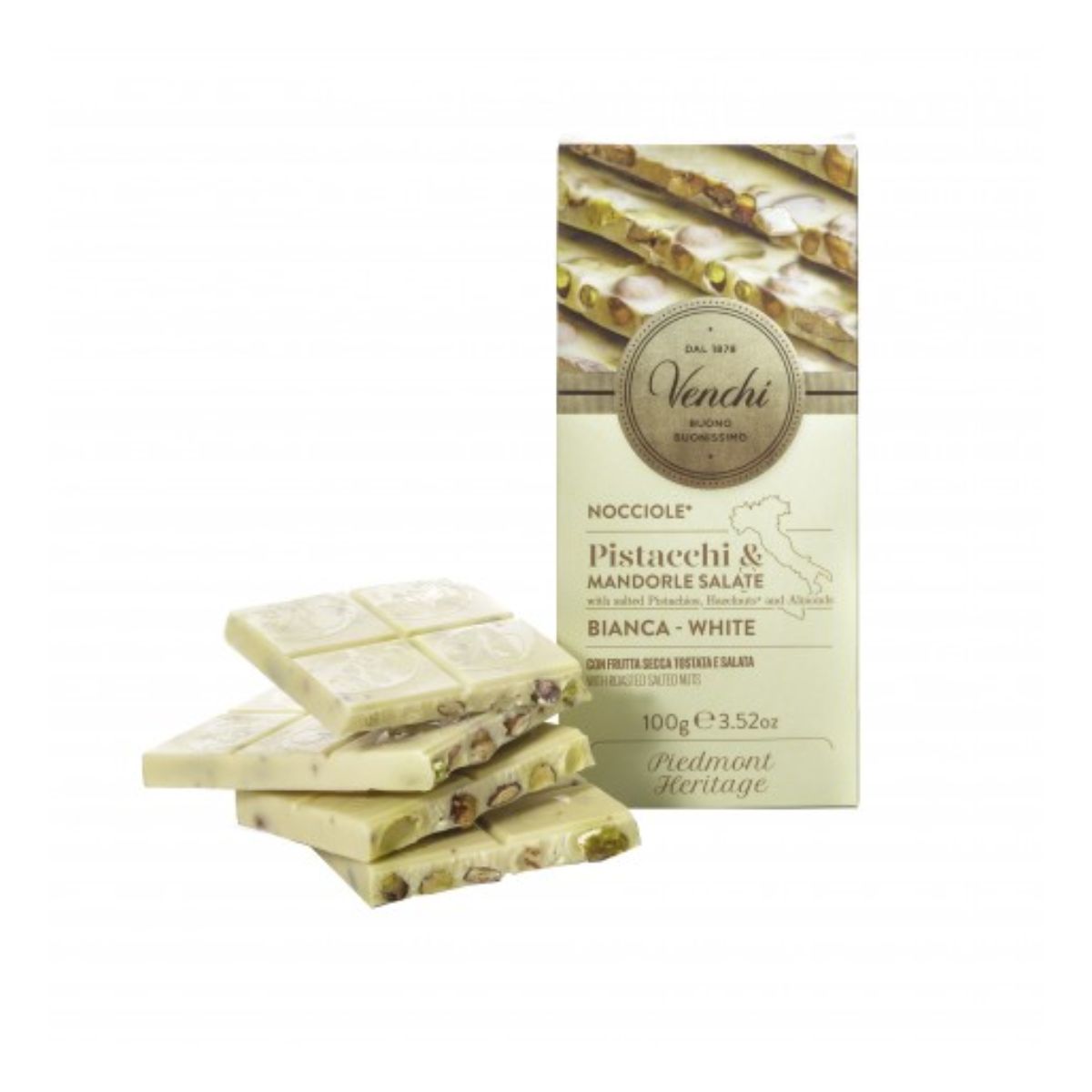 Tablette de chocolat blanc aux noisettes entières IGP Piémont, pistaches et amandes Venchi 110 g