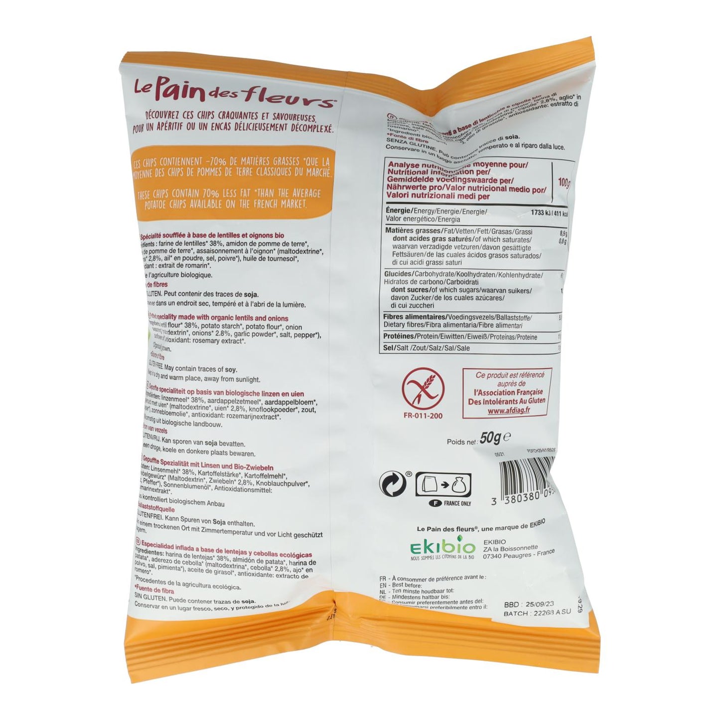 Chips de lentilles à l'oignon sans gluten Le Pain des Fleurs 50 g