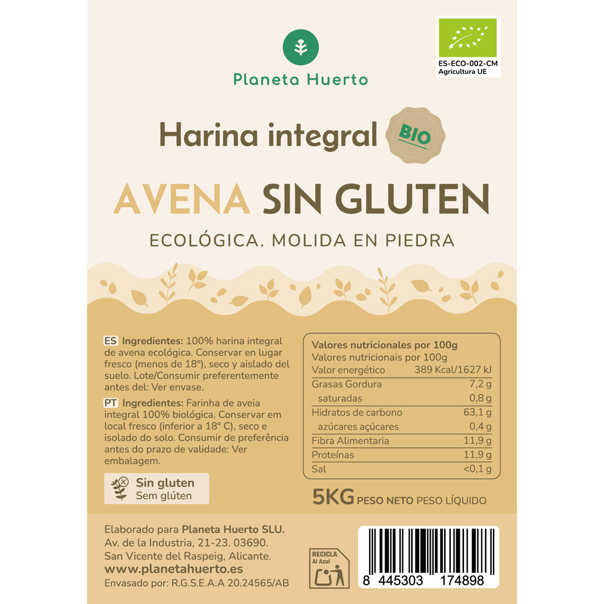 Volkoren Glutenvrije Havermout Eco Planeta Huerto 5 Kg