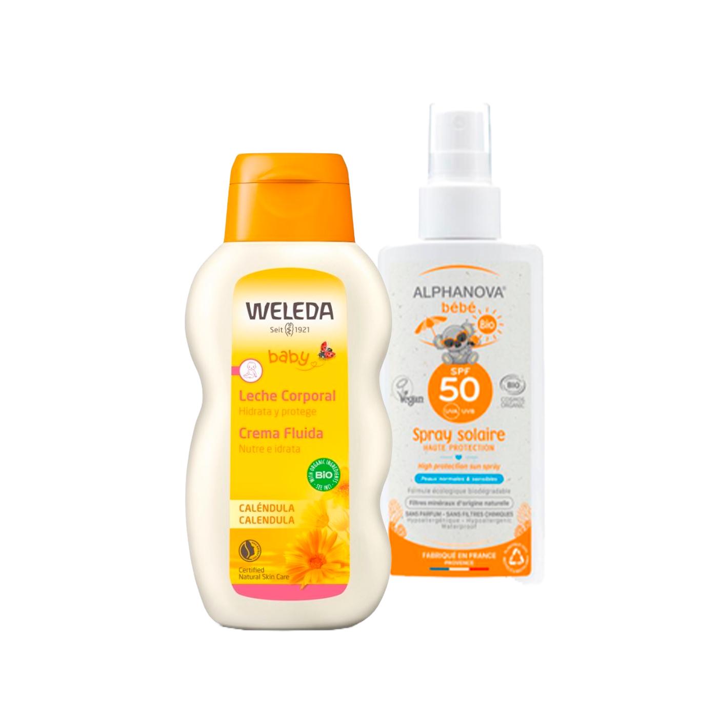 PACK ÉTÉ Crème solaire écologique pour bébé SPF 50 Alphanova 125 ml + Lait corporel au calendula Weleda, 200 ml