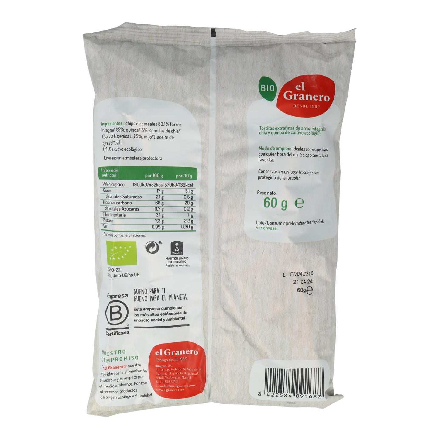 Extrafeine Bio-Reis-, Chia- und Quinoa-Fladenbrote, glutenfrei, El Granero, 60 g