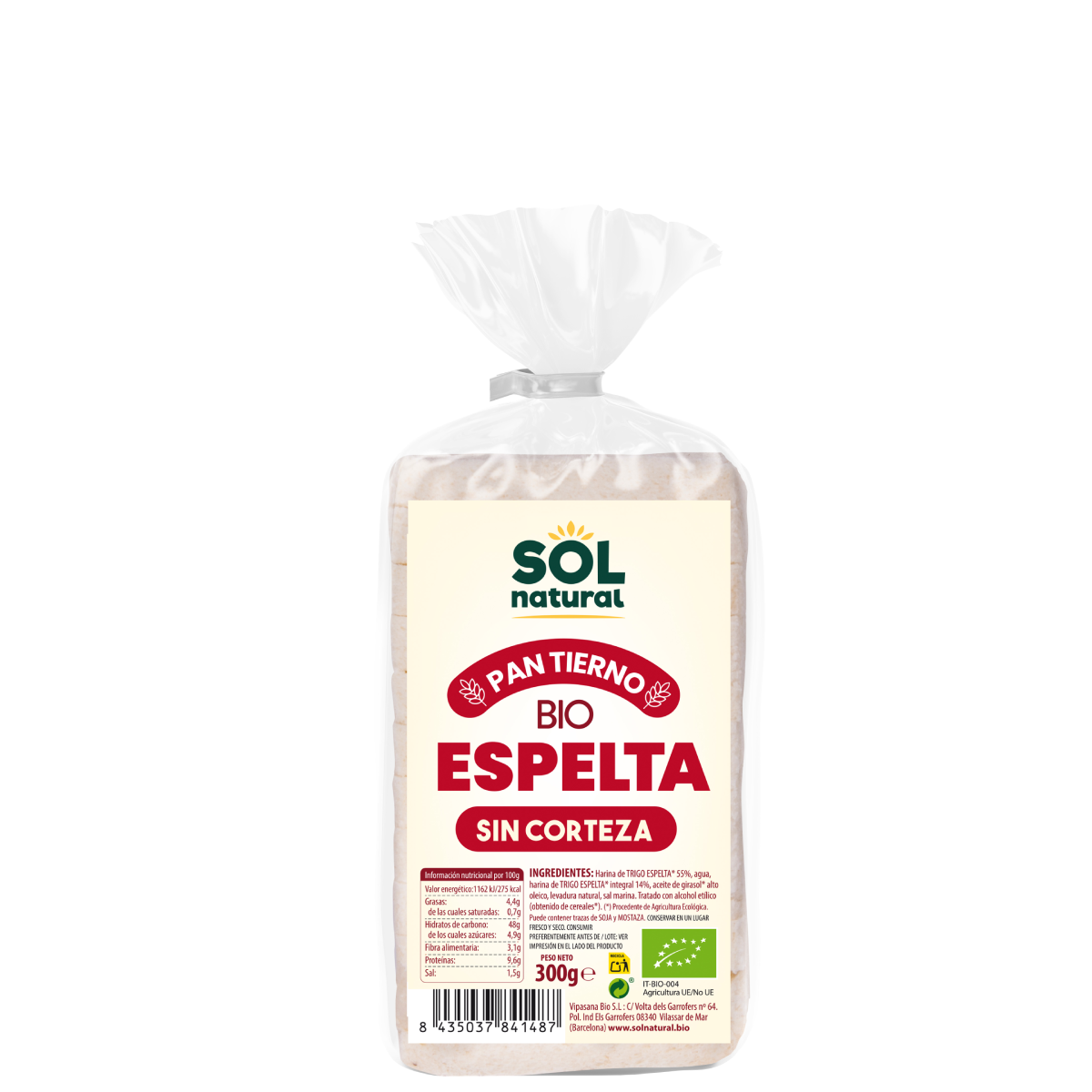 Bio-Dinkelbrot ohne Kruste Sol Natural 300 g