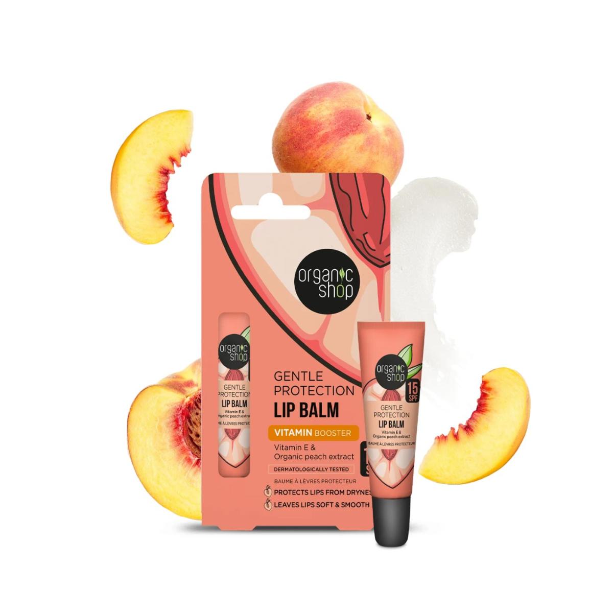 Balsam do ust z delikatną ochroną SPF 15, witaminą E i ekstraktem z brzoskwini, Organic Shop 10 ml