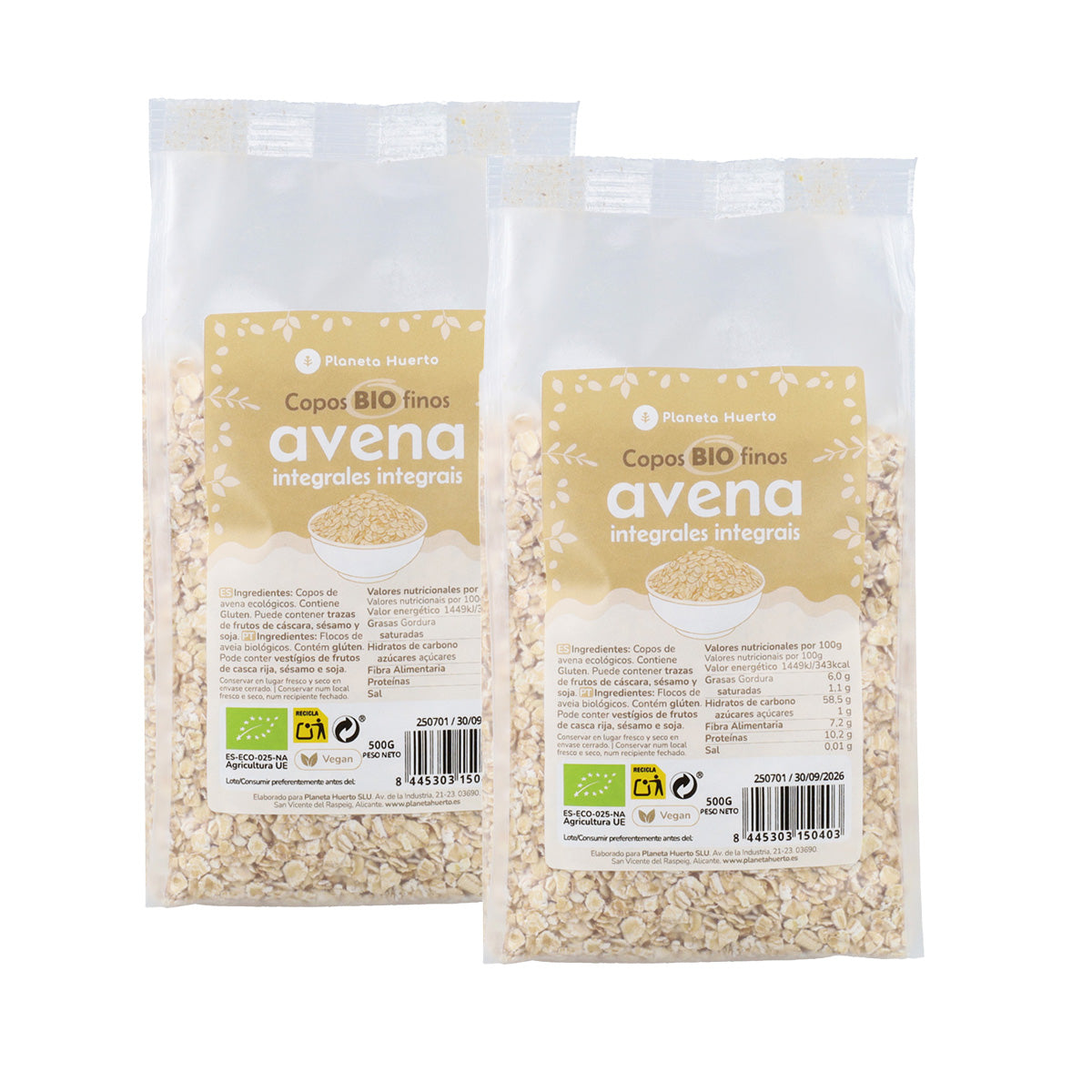 Pack 2x ECO Planeta Huerto 500 g fine wholemeal oats flakes