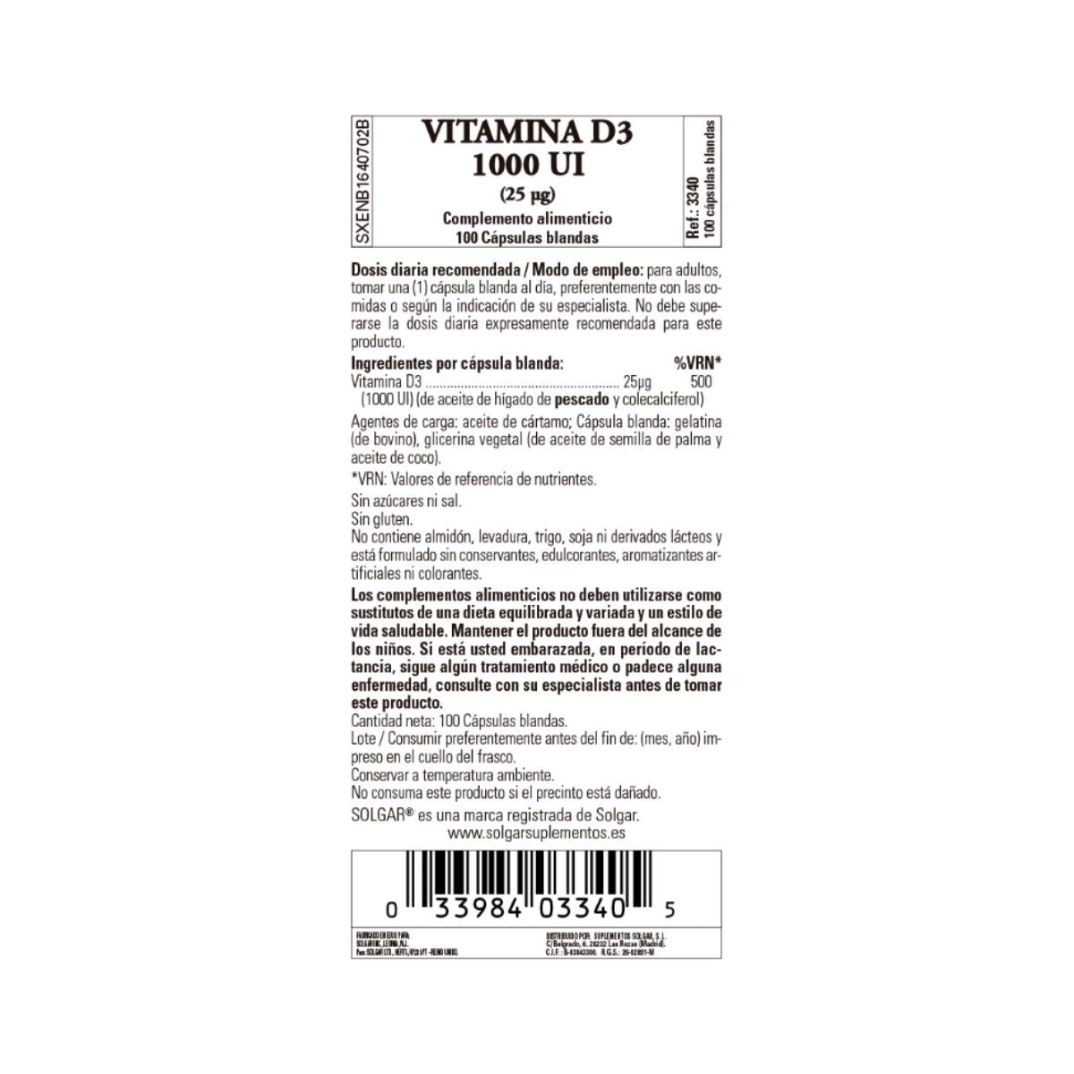 Vitamina D3 1000 UI, 100 capsule da 25μg