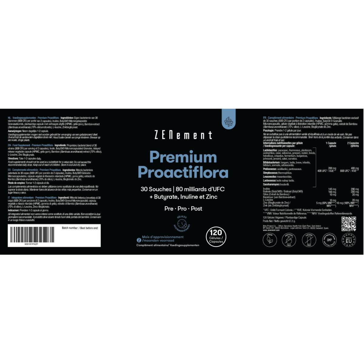 Premium Proactiflora, 30 Stämme | 80 Milliarden CFU + Butyrat, Inulin und Zink Zenement, 120 Tabletten