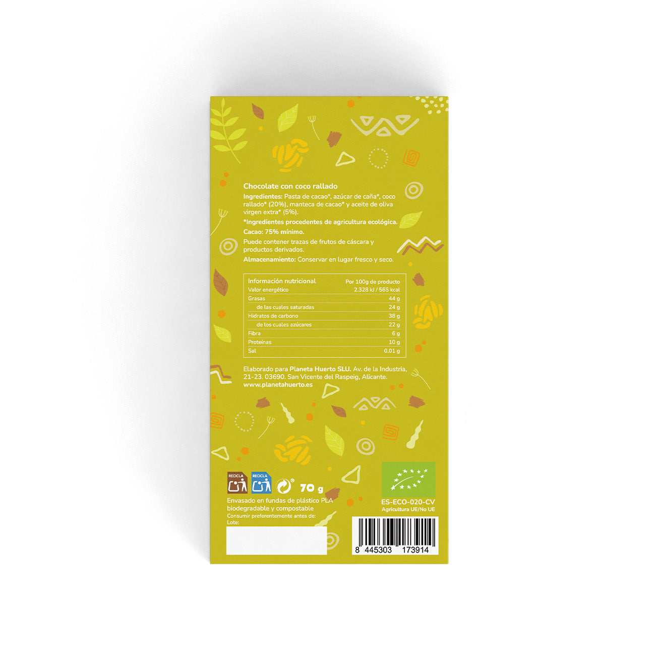 Baton czekoladowy 75% z tartym kokosem ECO Planeta Huerto 70 g