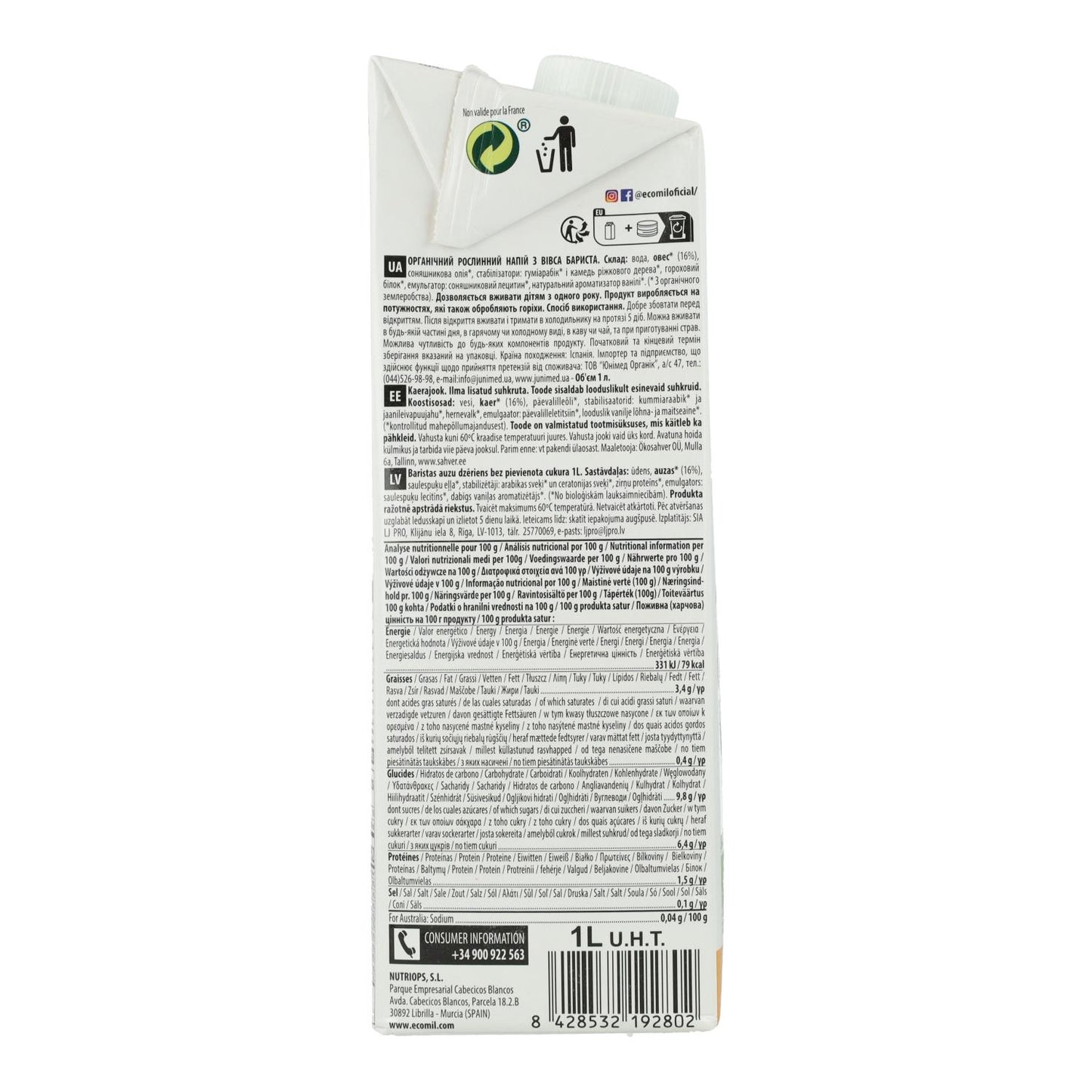 Bevanda vegetale Barista Avena BIO EcoMil 1 L