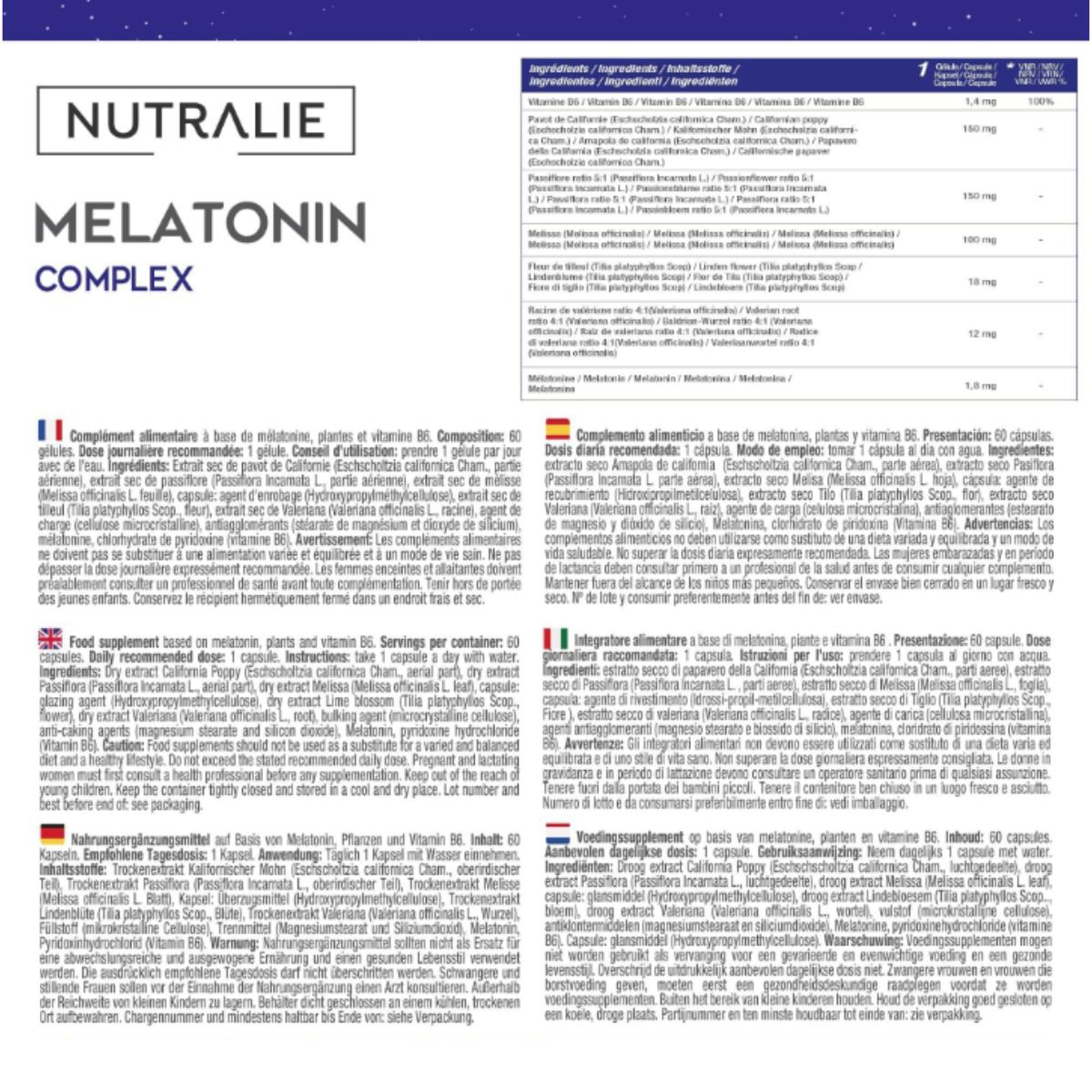 Melatonine met passiebloem + valeriaanwortel + B6 Nutralie 60 capsules