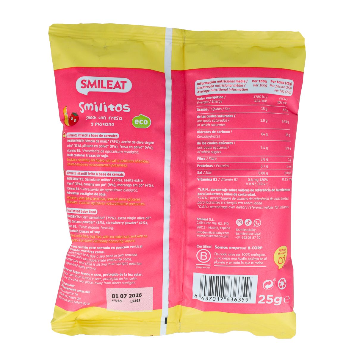 Smilitos ECO-wormpjes met aardbei- en bananensmaak Smileat 25 g