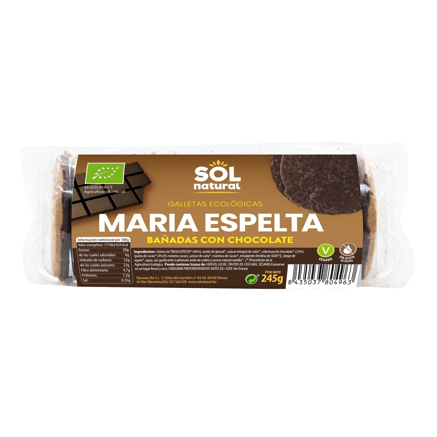 Maria-Kekse aus Dinkel mit Bio-Schokoladenüberzug Sol Natural 245 g