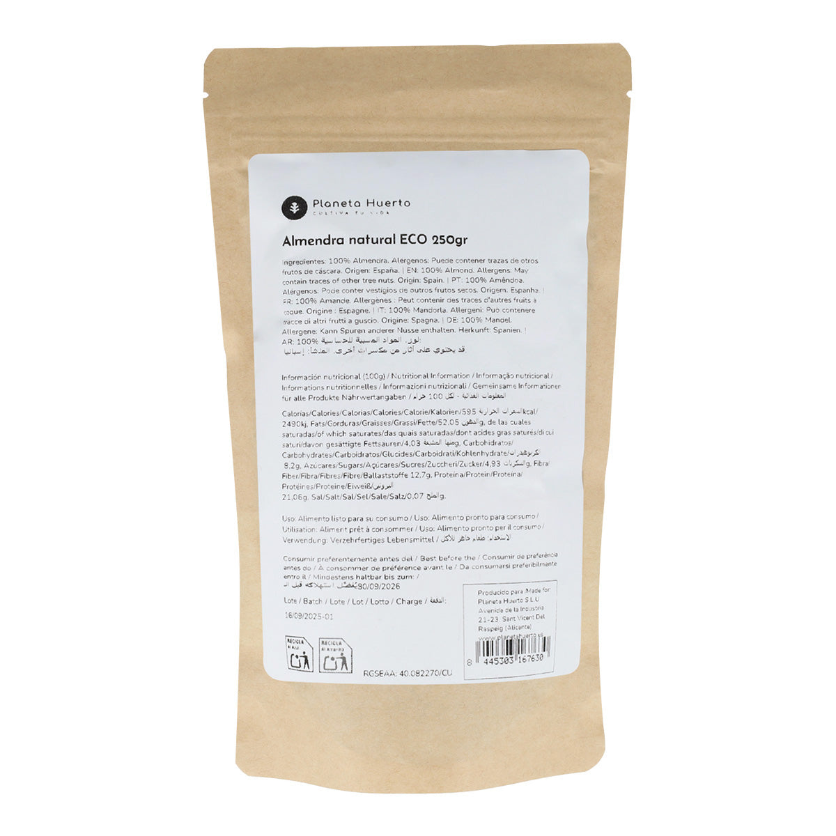 Mandorle naturali con pelle ECO Planeta Huerto 250 g