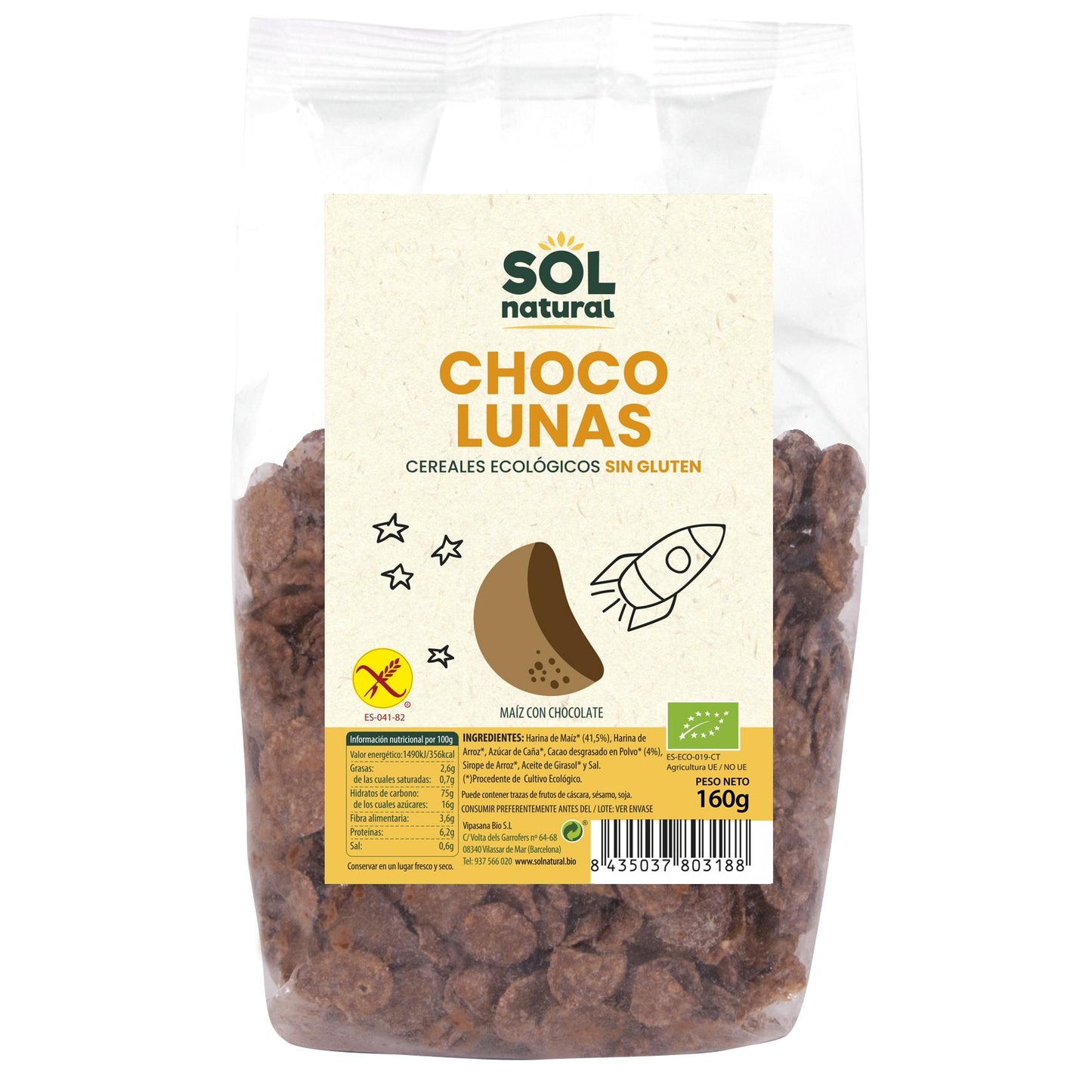 Glutenfria ekologiska Choco Lunas-flingor Sol Natural 160 g