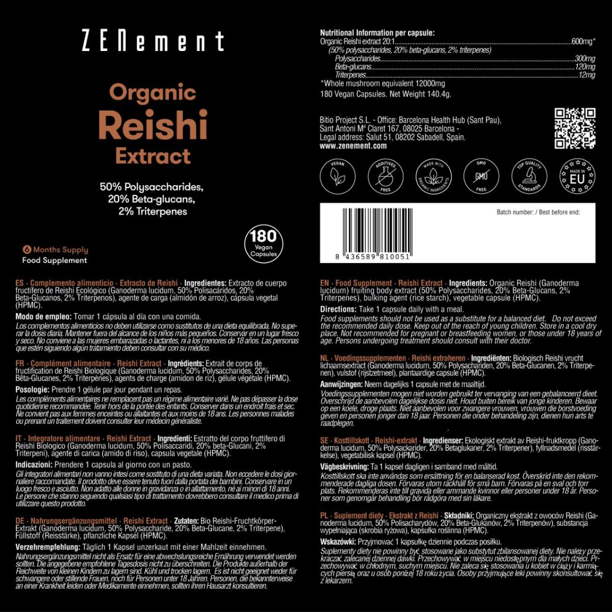 Estratto di Reishi biologico 12000 mg Zenement, 180 compresse