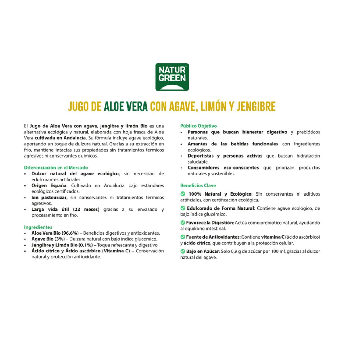 Jus d'aloe vera à l'agave, au citron et au gingembre NaturGreen 1 L