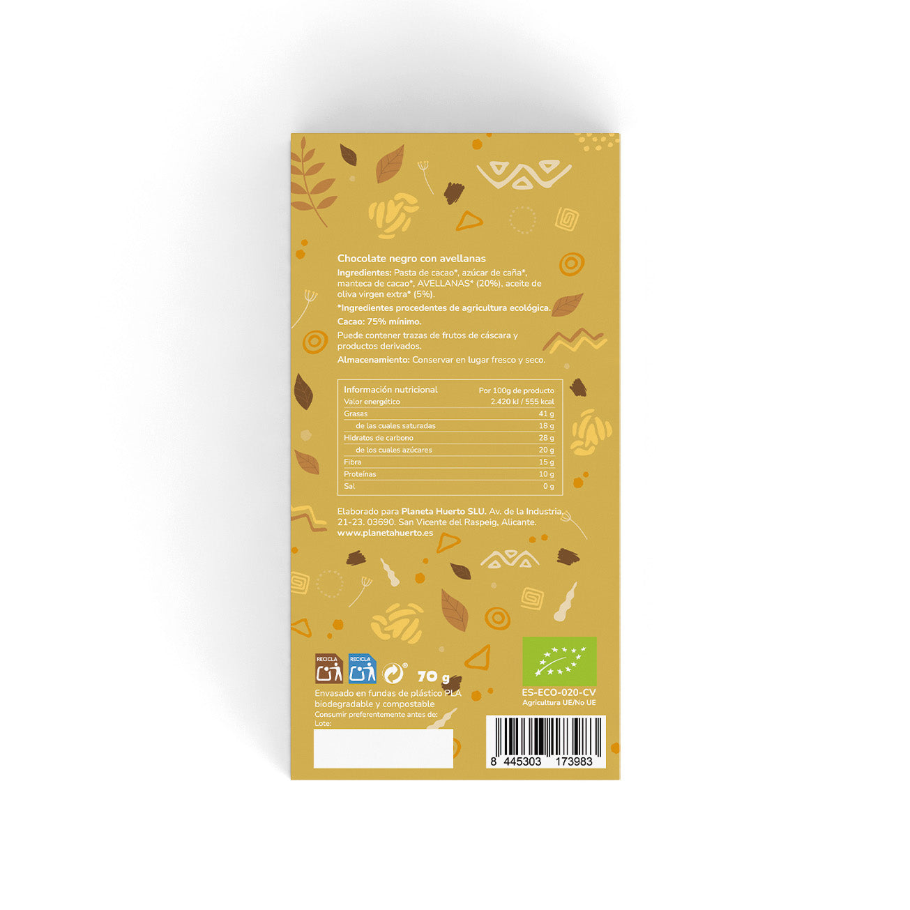 Dark chocolate bar 75% with hazelnuts ECO Planeta Huerto 70 g