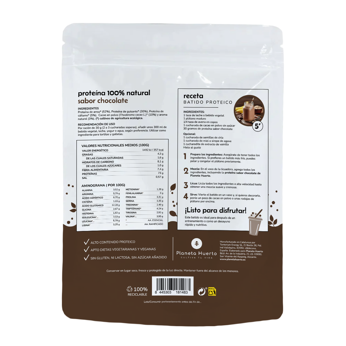 Vegetabiliskt protein ECO 73% choklad Planeta Huerto 1Kg