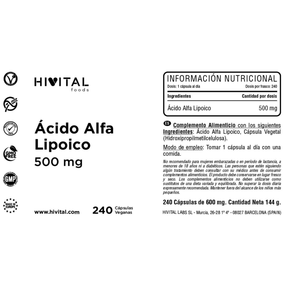 Alfa-liponsyra 500 mg Hivital 240 veganska kapslar