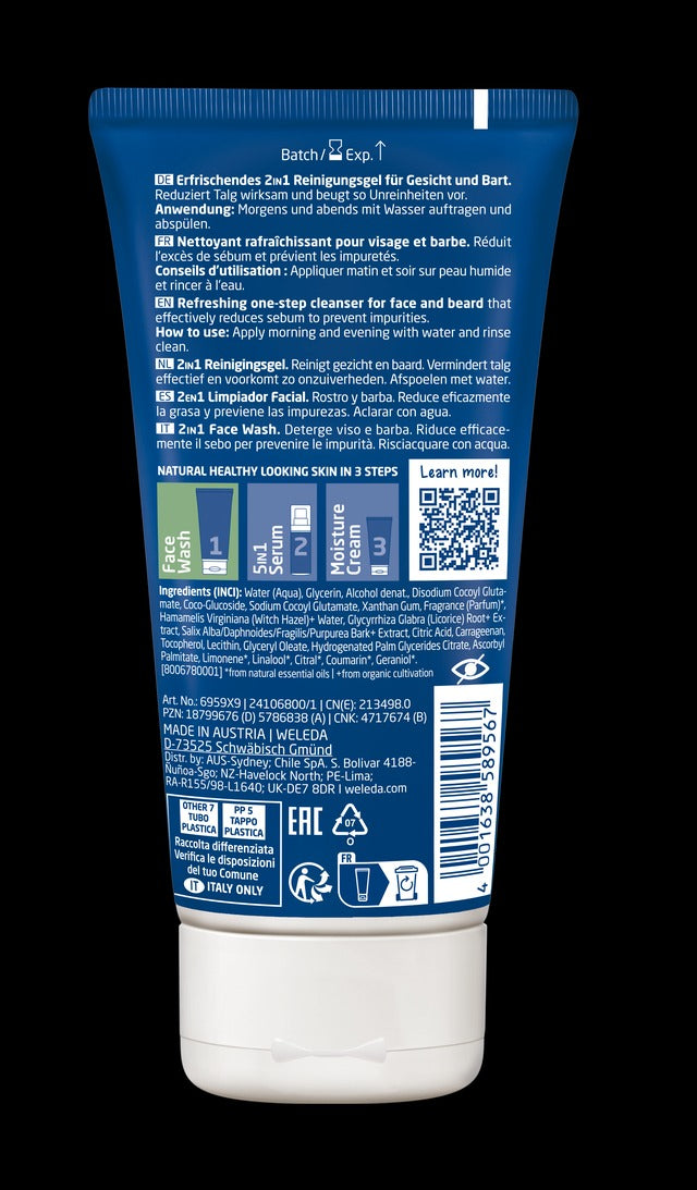 2-in-1-Reinigungsgel für Gesicht und Bart für Männer von Weleda, 100 ml.