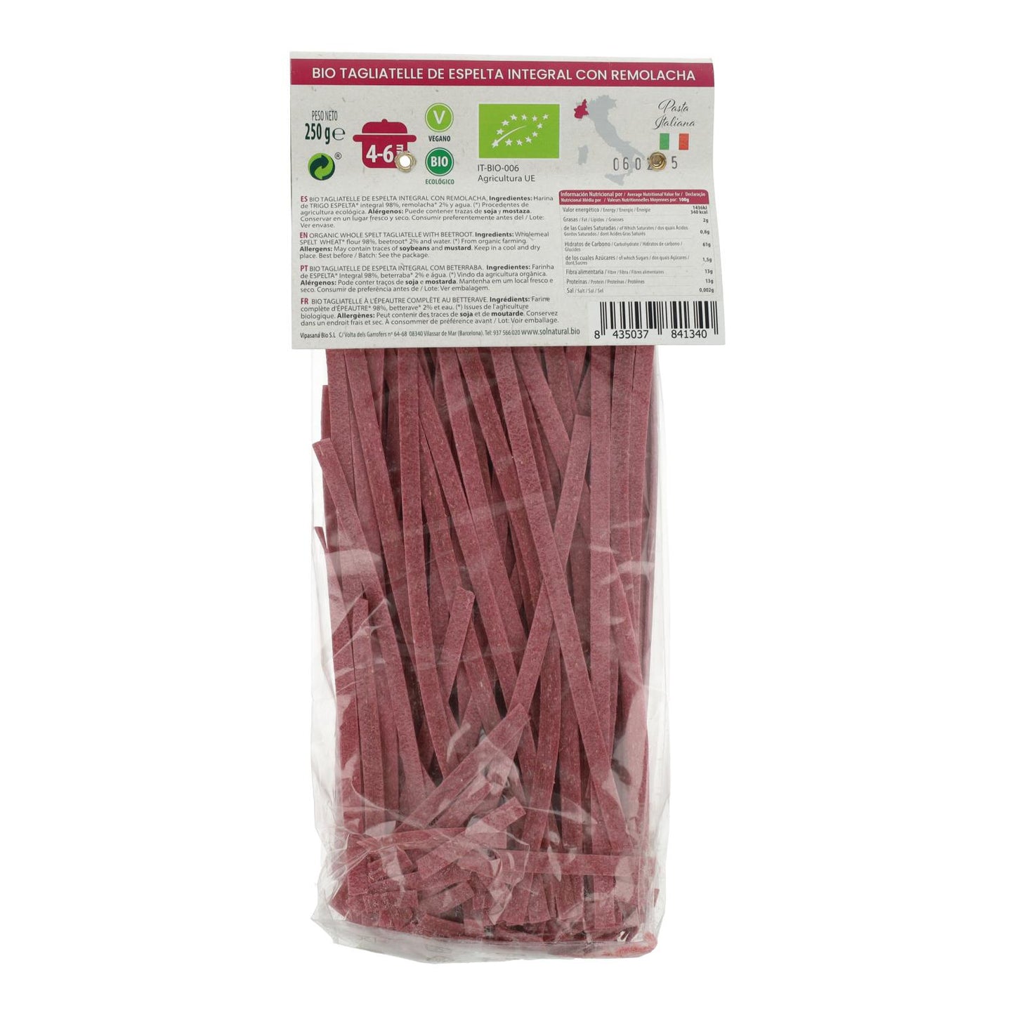 Tagliatelle de Espelta Integral con Remolacha BIO Sol Natural 250g