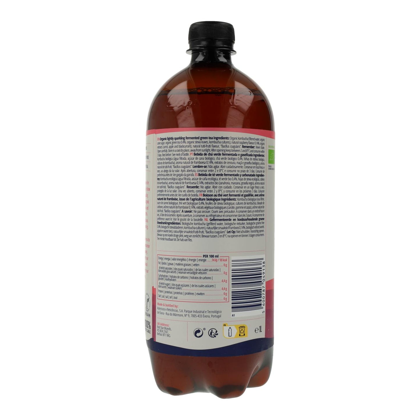 Kombucha-dryck BIO hallon Captain Kombucha 1 L