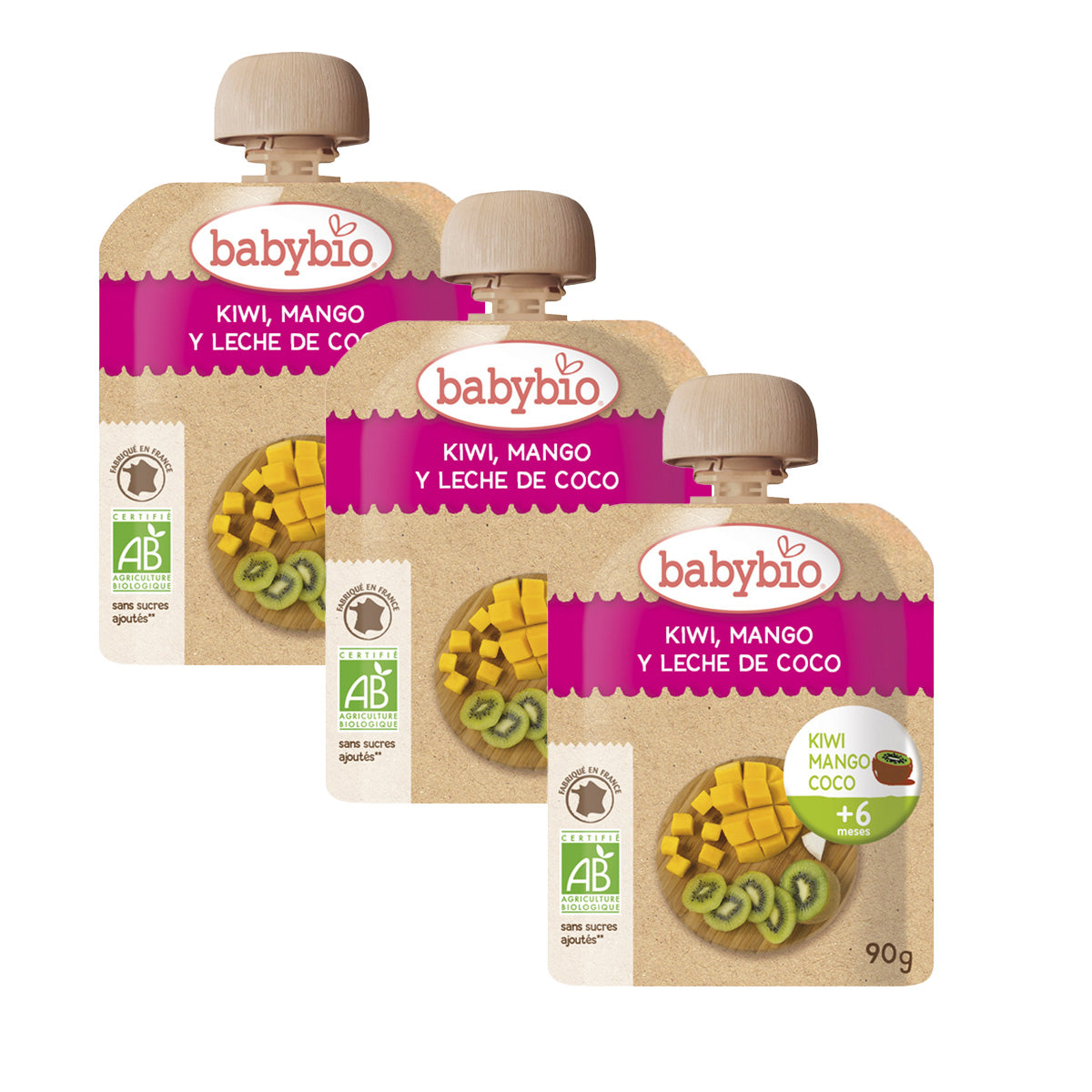 Zestaw 3x saszetki z owocami: kiwi, mango i napój kokosowy, Babybio, 90 g