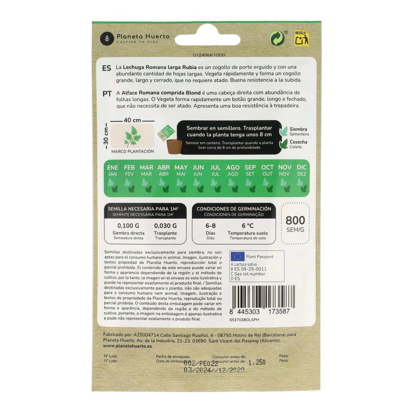 Organic romaine lettuce seeds Planeta Huerto