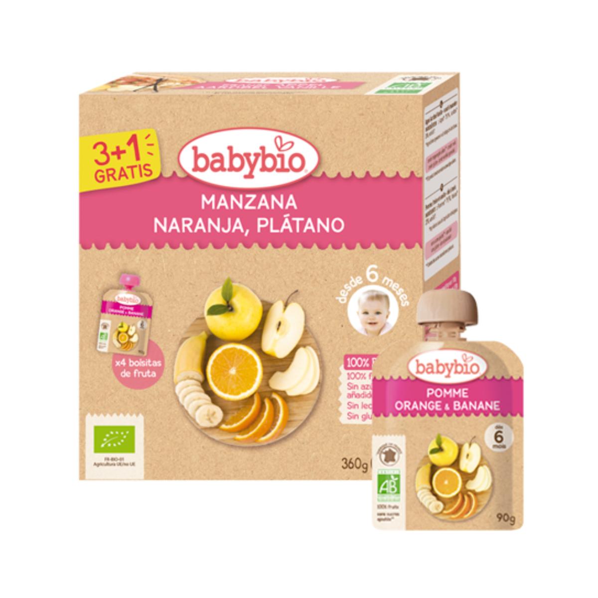 Pouch Mela, Arancia e Banana Bio BabyBio 4 pezzi da 90 g