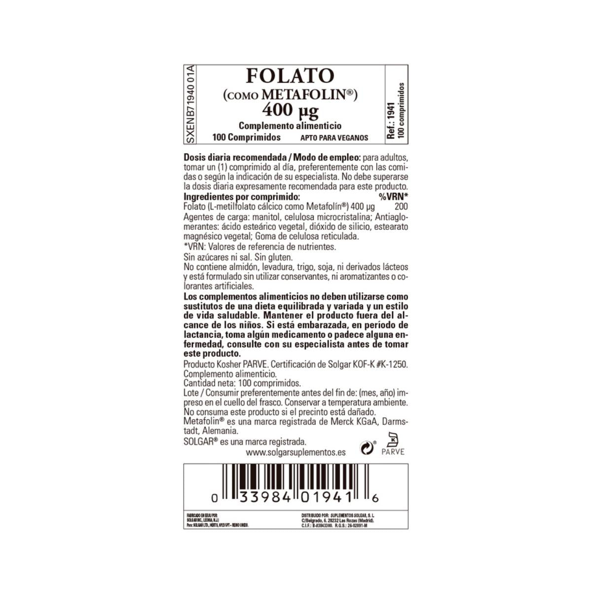 Folsäure (Metafolin), 100 Tabletten (400 g)