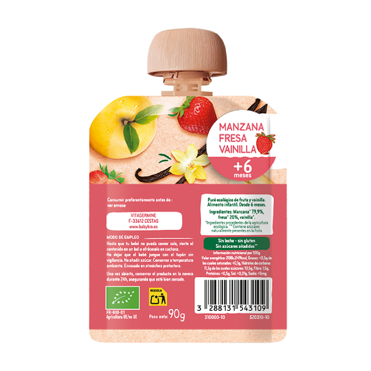 Apple, Strawberry and Vanilla Pouch (from 6 months) babybio 90 g