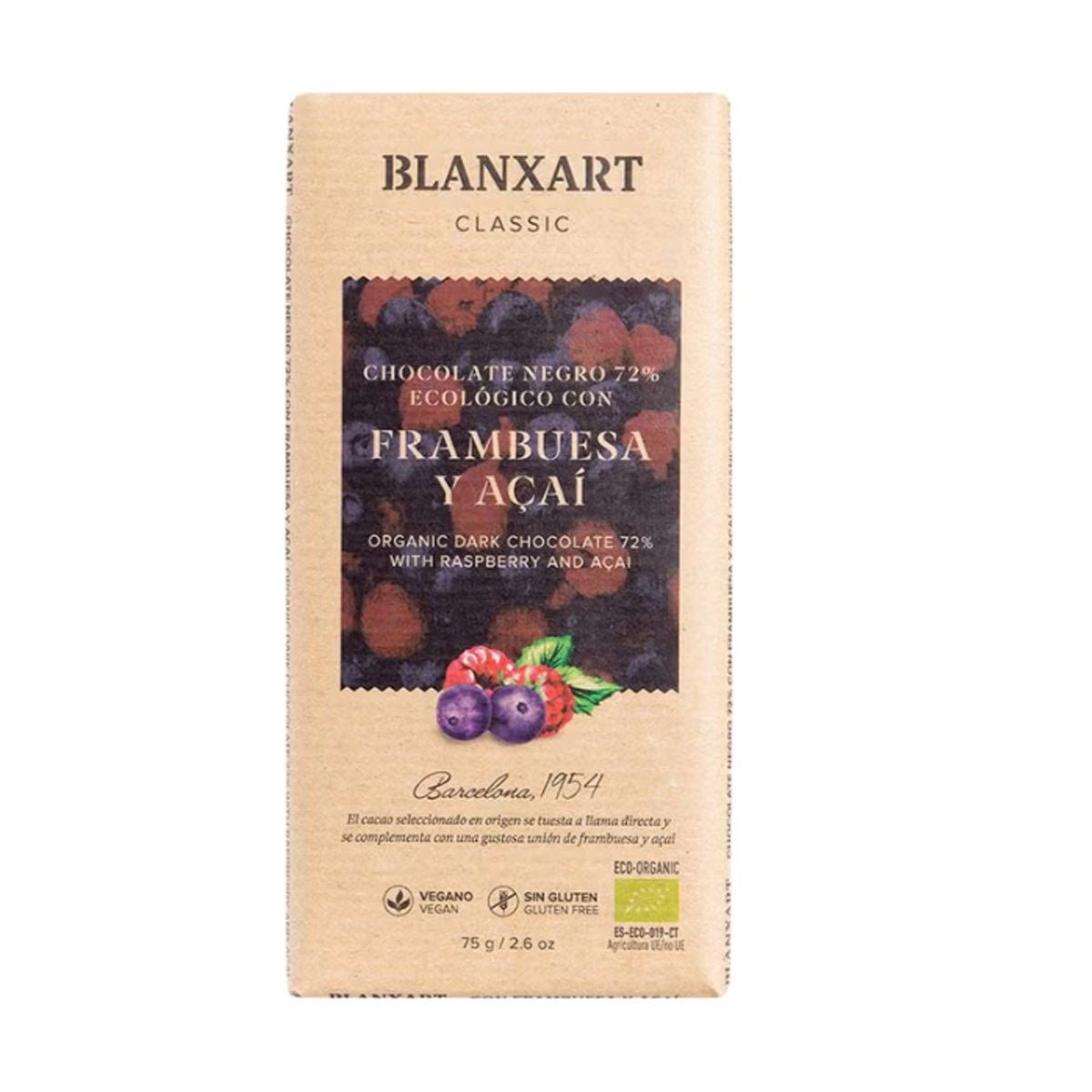 Choklad 70 % hallon och açaí, ekologisk, vegansk, glutenfri, Blanxart 75 g