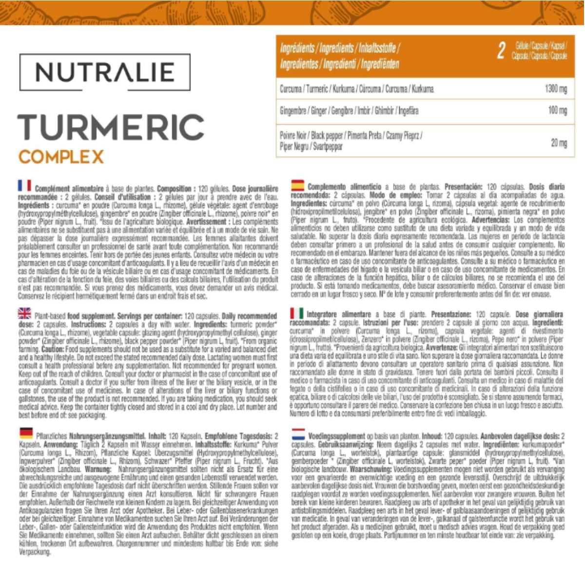 Nutralie Kurkuma-Komplex + Ingwer und schwarzer Pfeffer aus biologischem Anbau 120 Kapseln