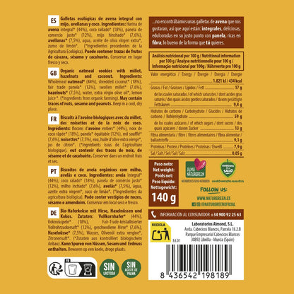 Organic NaturGreen Wholemeal Oat Biscuits with Millet, Hazelnuts and Coconut 140 g