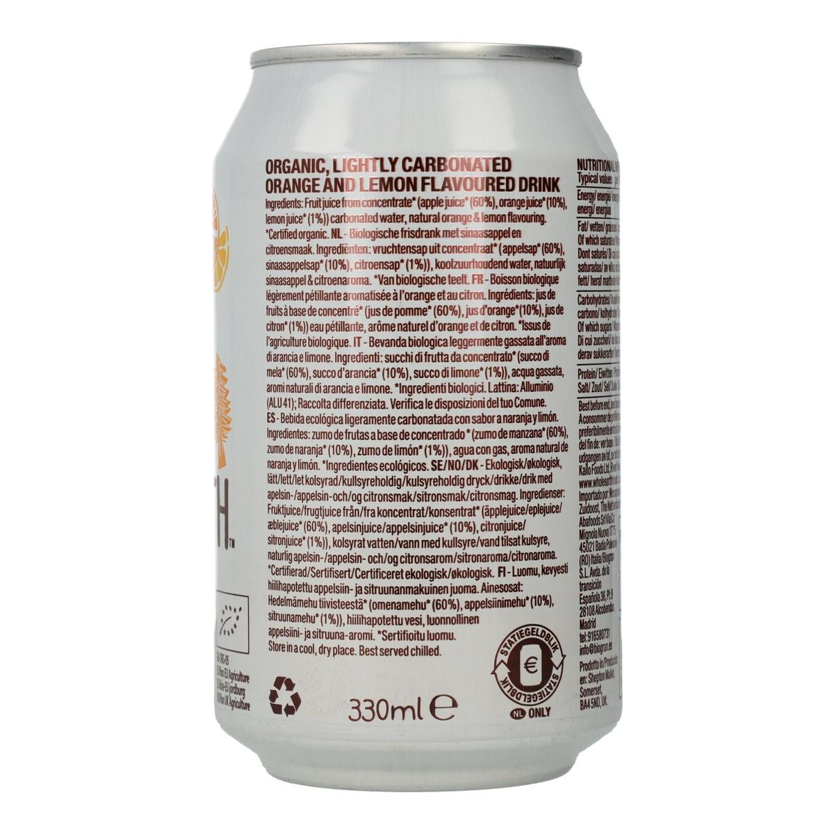 Lot de 6 boissons gazeuses biologiques Whole Earth à l'orange et au citron, 330 ml.