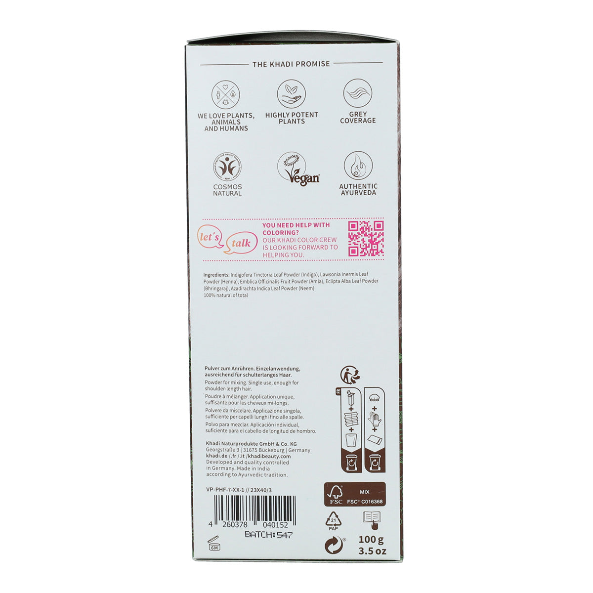 Teinture naturelle châtain noisette Khadi 100 g