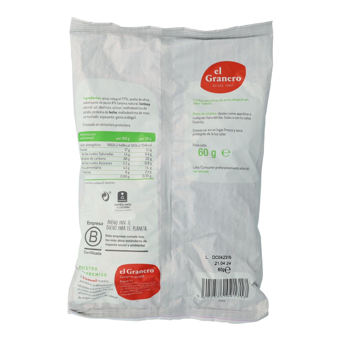 Bardzo cienkie placki z brązowego ryżu i pesto bezglutenowe El Granero 60 g