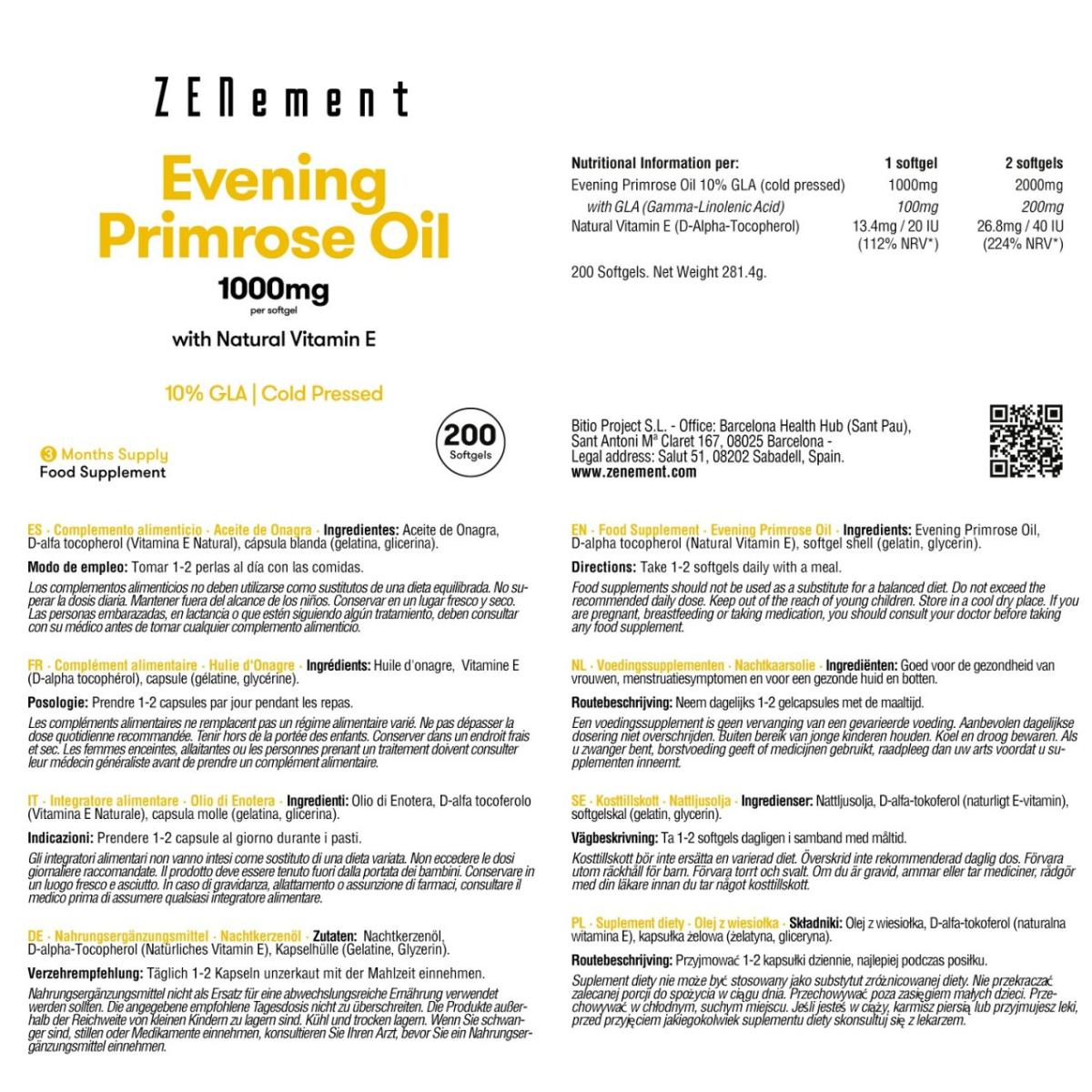 Teunisbloemolie, 1000 mg per capsule, 10% GLA, koudgeperst Zenement, 200 tabletten
